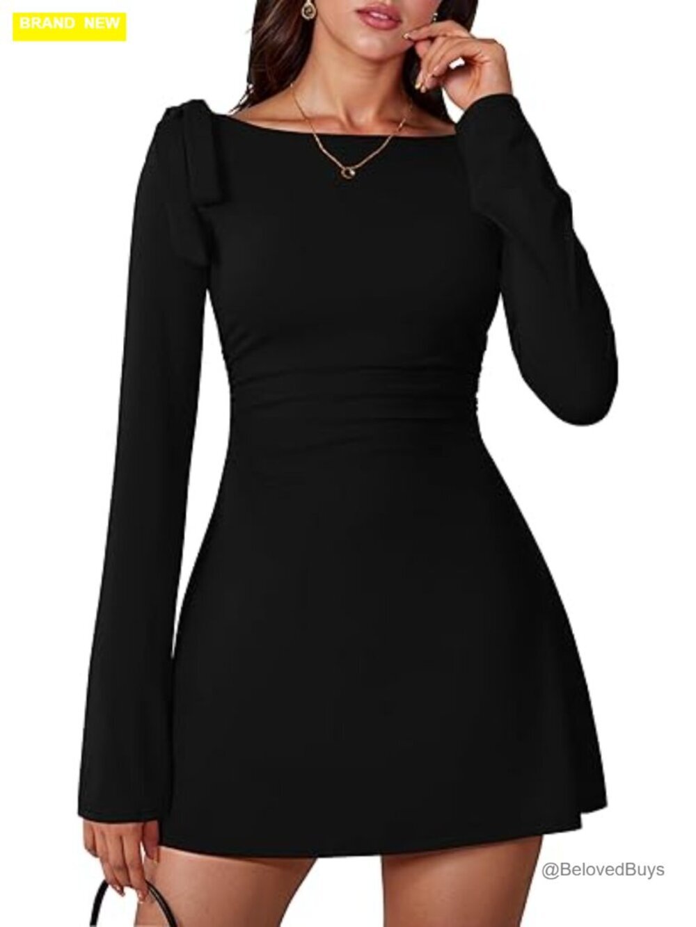 Long Sleeve Boat Neck Bodycon Ruched Elegant Bow Tie Party Mini Dress